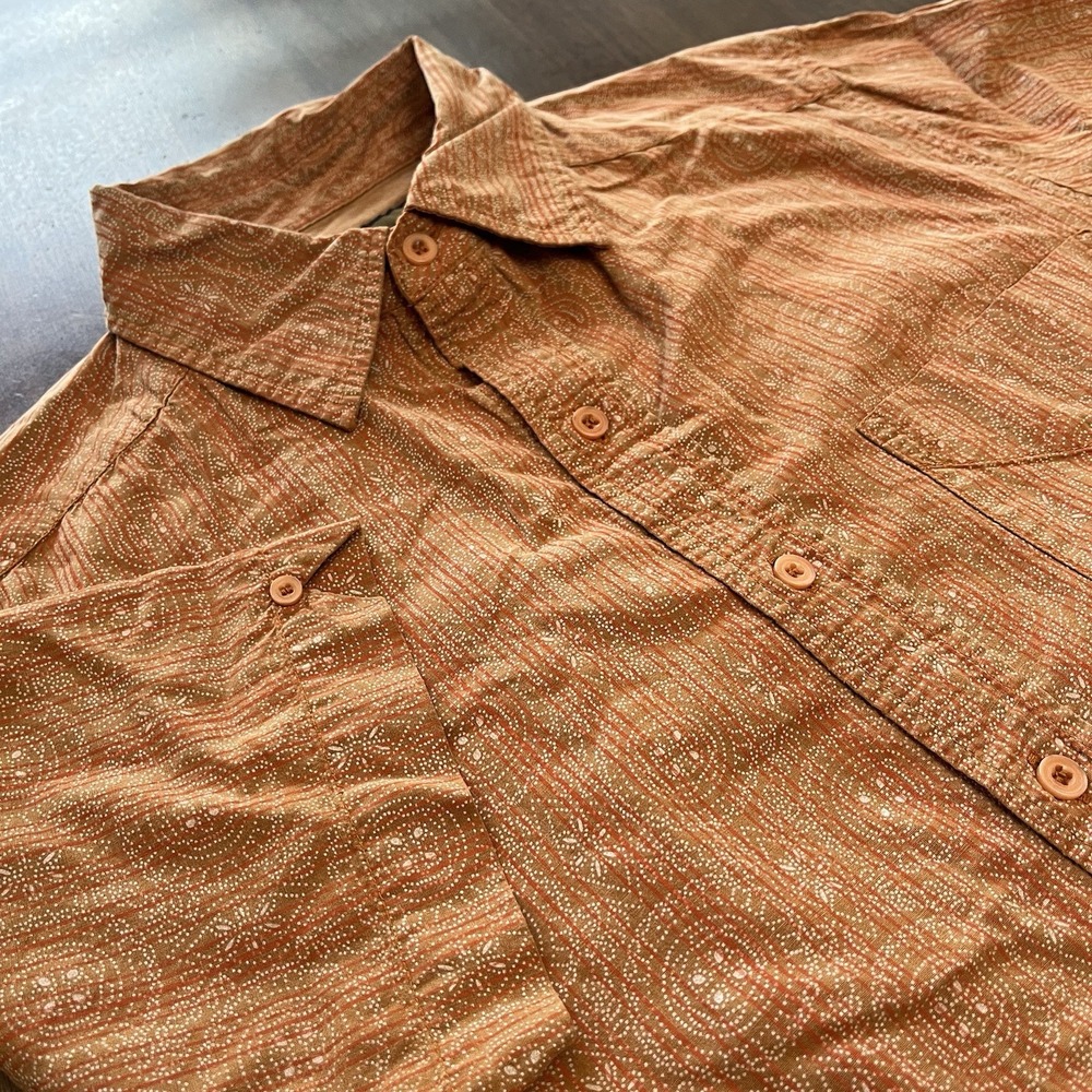 Prana Roots Shirt Mens Small Orange Organic Cotton Hiking Button Up Short Sleeve